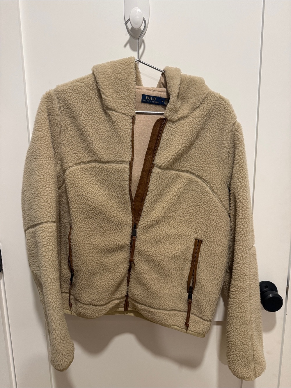 Polo by Ralph Lauren Cream Sherpa Zip Hoodie with Brown Trim